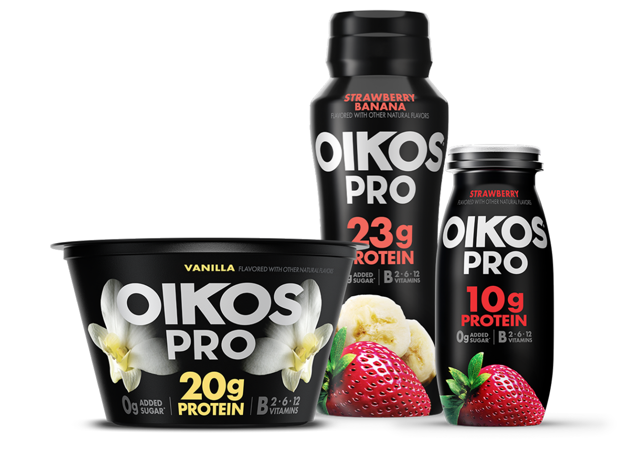 Oikos Pro cups, drinks and shots products in vanilla, strawberry banana and strawberry flavors